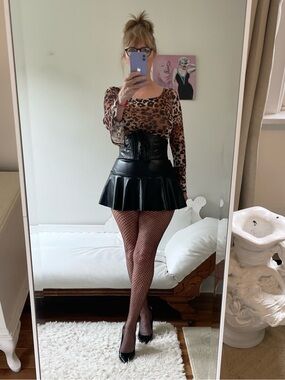 WOMEN BLACK FAUX LEATHER MICRO MINI SKIRT FLARE STRETCH LARGE